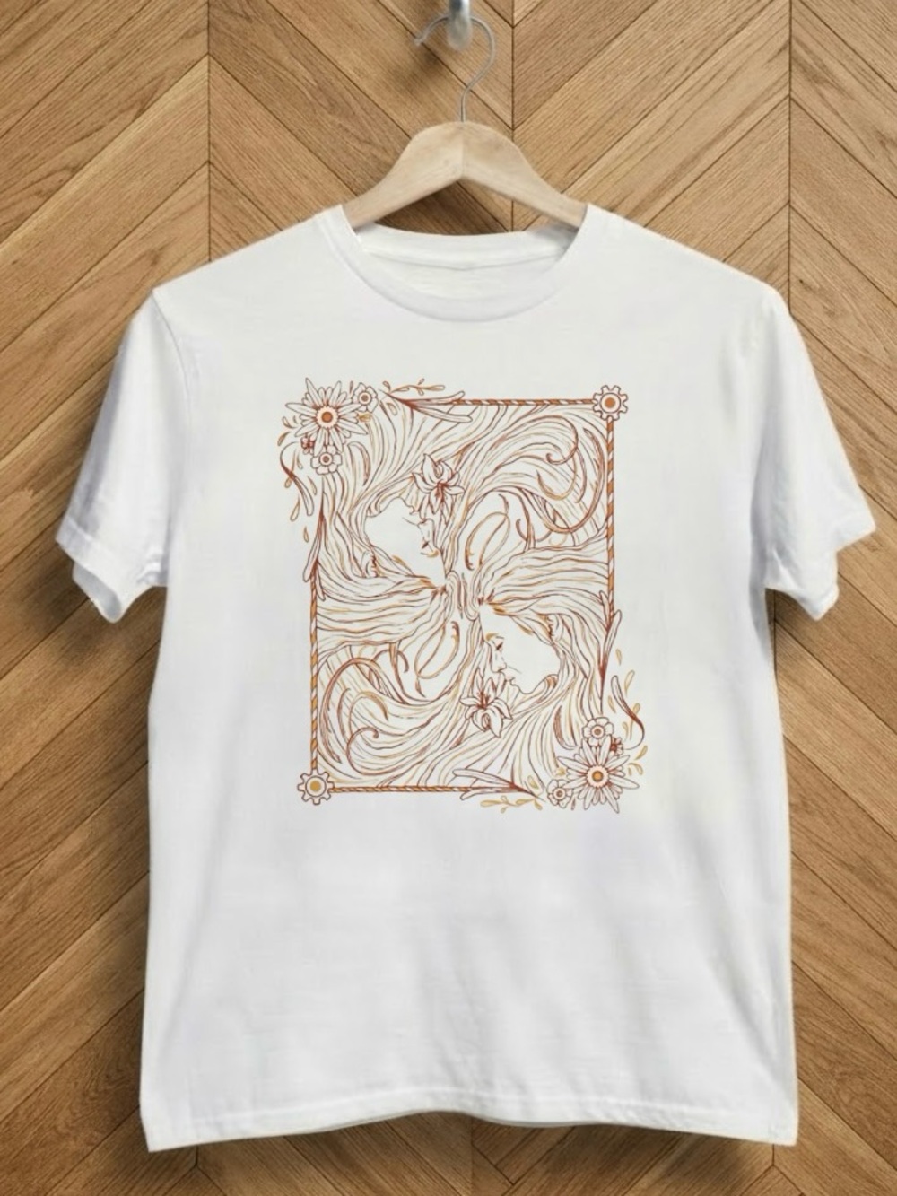 Two Faces Profile Art Nouveau Floral Frame Tee
